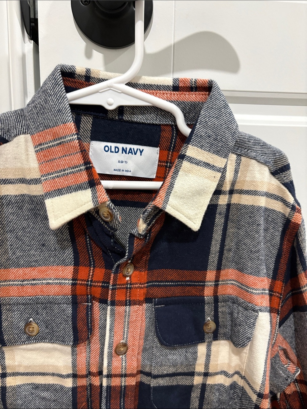 Old Navy Navy, Orange & Cream Plaid Button-Down Shirt - Picture 2 of 4